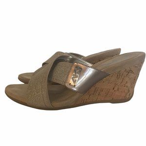 Anne Klein cork wedge strappy gold shoes 8.5